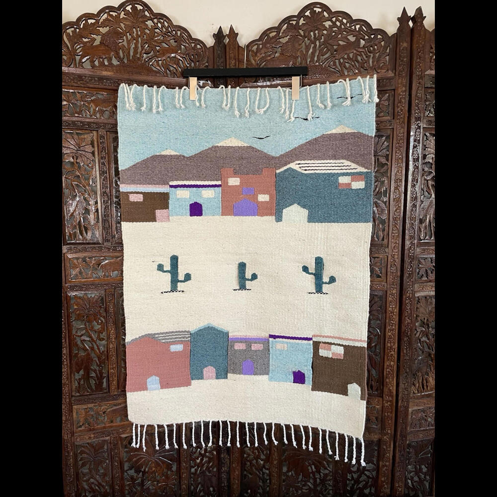 Vintage Mexican Village Scene Woven Wool Tapestry/Wall Hanging Cactus Bird 39x28